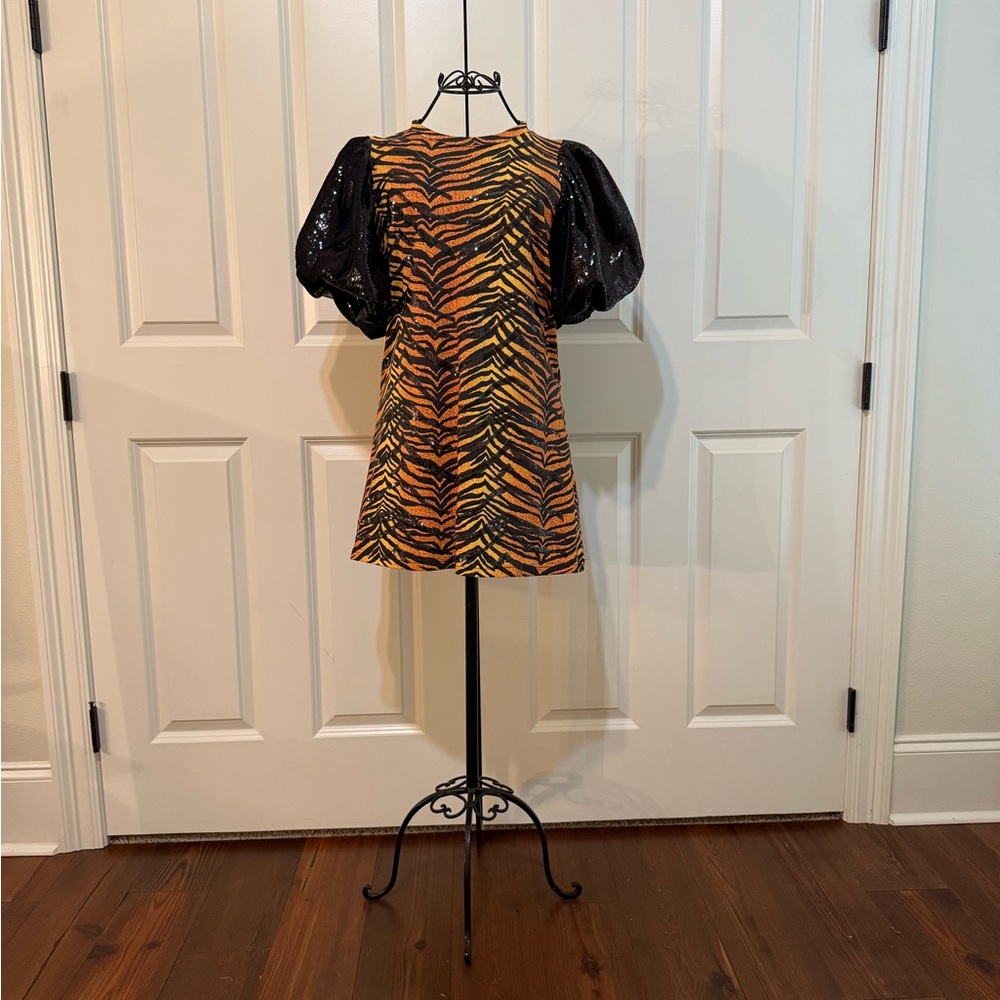 Queen of Sparkles Zebra Print Dress with Puff Sleeves